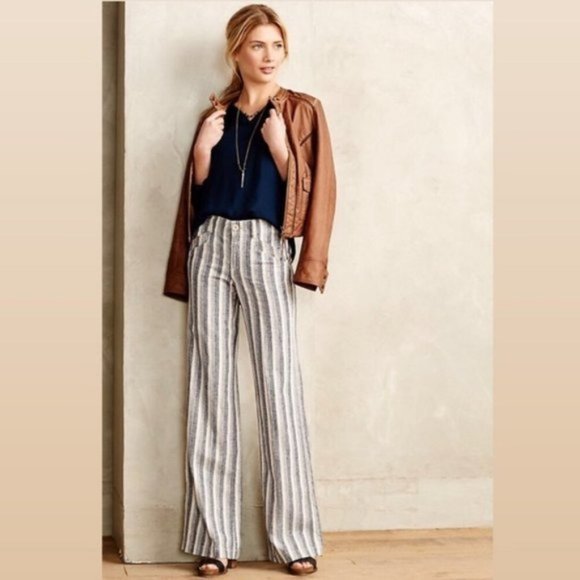 Pilcro and the Letterpress Pants - ANTHROPOLOGIE WHITE BLUE VERTICAL STRIPED LINEN PANTS - PILCRO + THE LETTERPRESS